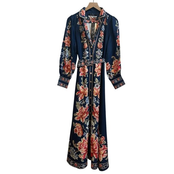 Dalia MacPhee Floral Maxi Dress Belted Button Front Sz Large NEW $250 Navy - Picture 5 of 13